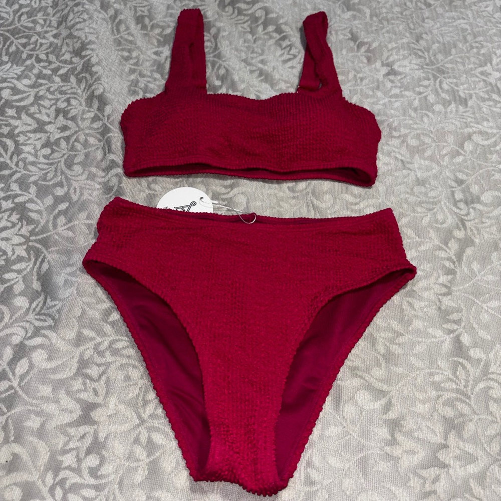 Anrabess Bikini Set Women Small Pink New Smocked High Waisted Crinkle 2 Piece
